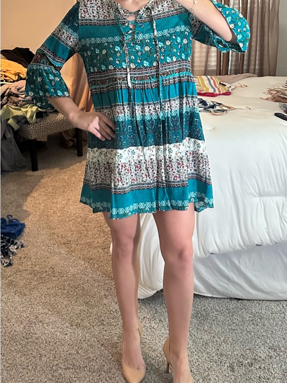 Boho Teal Floral Tie-Front Mini Dress